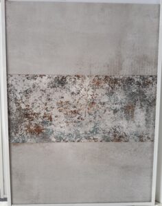 Alliez sobriété contemporaine et caractère industriel avec ce carrelage mural au design unique. Sa base effet béton gris clair, douce et lumineuse, est sublimée par une bande décorative centrale aux accents métalliques patinés, mêlant nuances de rouille, gris acier et touches bleutées.